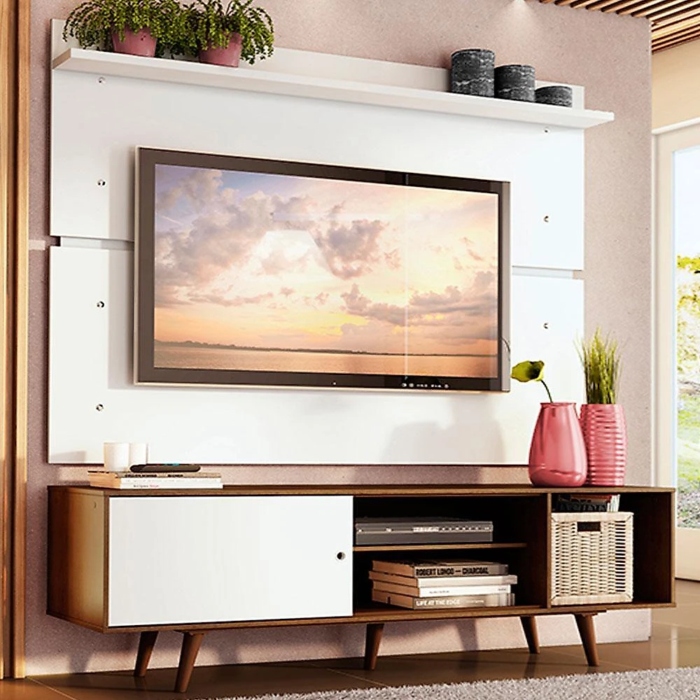 Rack madesa dubai e painel para tv até 65 polegadas com pés - rustic/branco 6e9b
