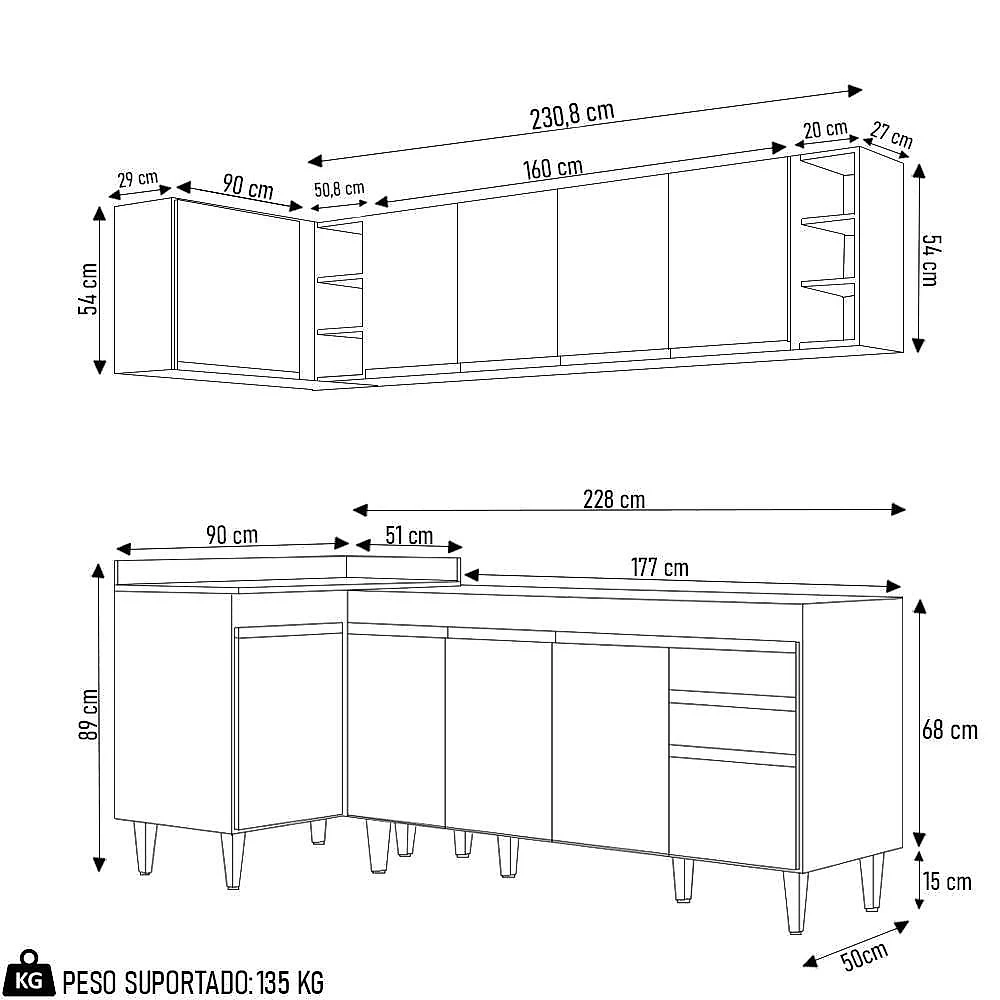 Armário De Cozinha Modulado De Canto Direito 5 Peças Cp43 Balcão Sem Tampo Branco - Lumil
