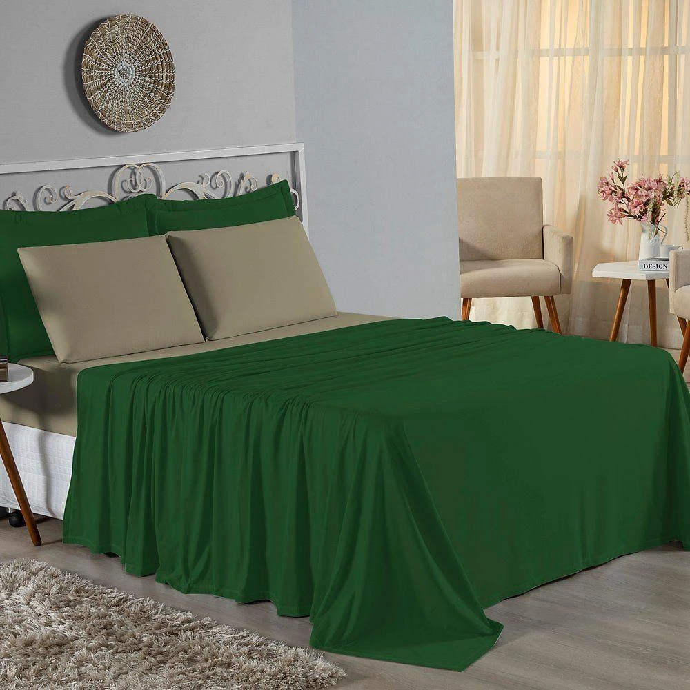 Jogo De Cama Queen Nobre 4 Peças Lençol Com Elástico De 30cm De Altura Malha 100% Algodão - Verde-bandeira / Avelã
