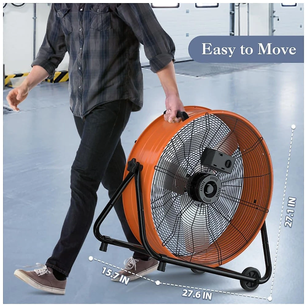 Ventilador Industrial de Tambor LifePlus 61 cm Laranja, Alta Velocidade 8900 CFM, 3 Velocidades, Inclinação Ajustável 360°, Modelo 24 in drum fan