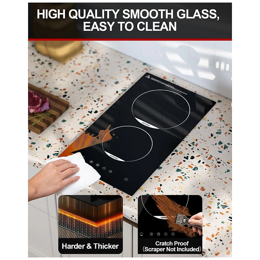 Cooktop Elétrico de 2 Bocas, Cooktop de Cerâmica Embutido de 30,48 cm, Cooktop Elétrico de 120v com Trava de Segurança para Crianças, Timer