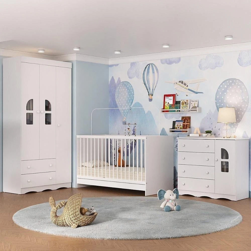 Conjunto de Quarto Liz com Berço 3 em 1 Guarda Roupa Cômoda 6 Gavetas 4 Portas MDP-MDF Branco