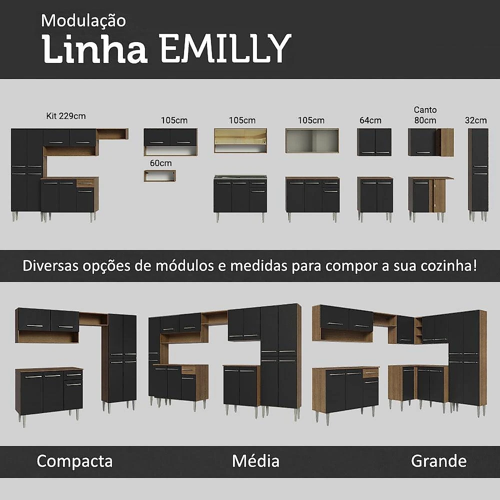 Cozinha Completa Madesa Emilly Fast com Balcão, Armário Vidro e Paneleiro - Rustic/Preto Rustic/Preto