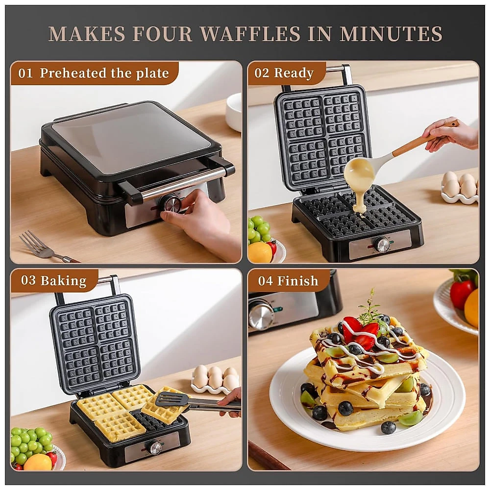 Máquina de Waffles UVFAST Quadrados Belgas, 4 Waffles, 3 Níveis Torra, 1200W, 120V