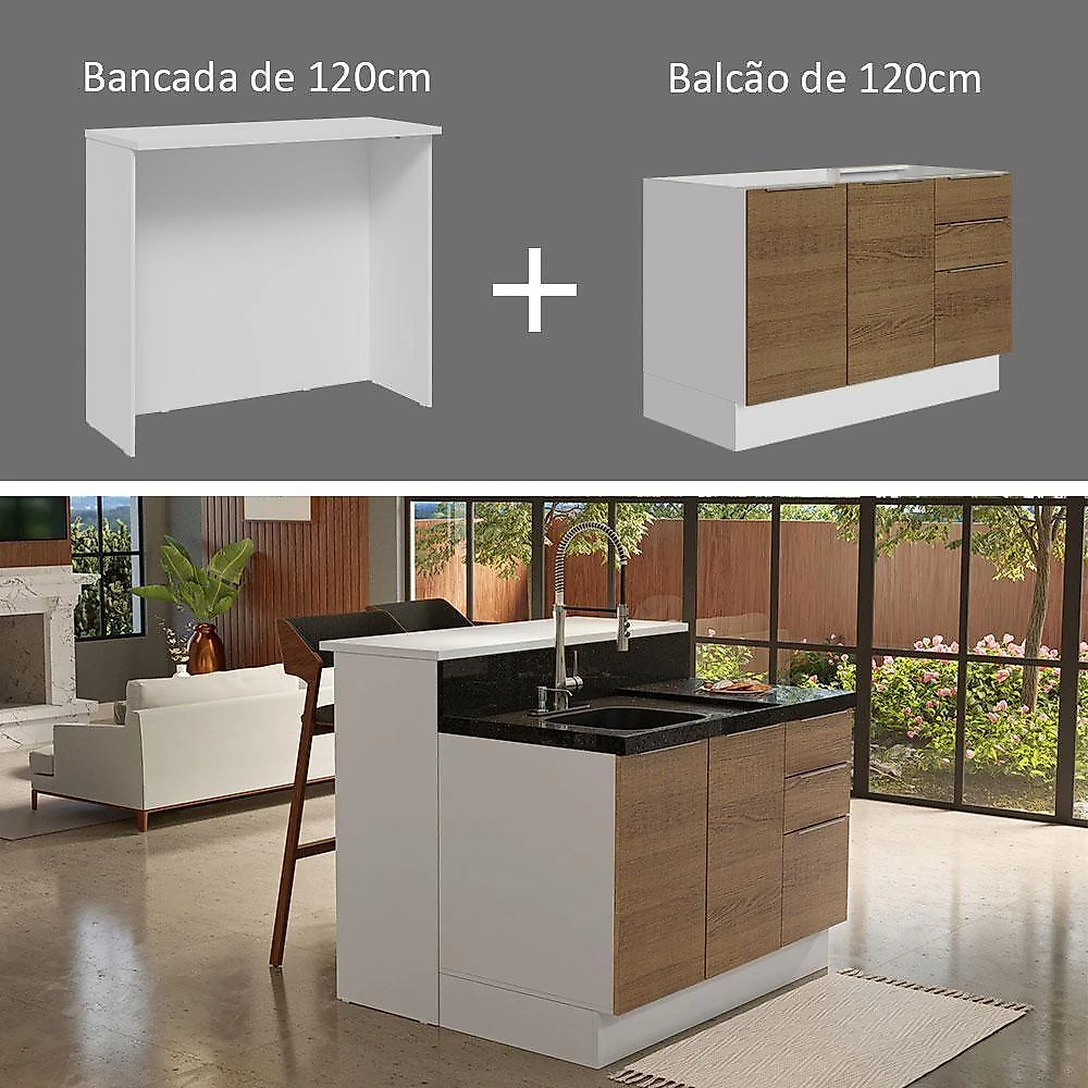 Ilha De Cozinha Com Bancada E Balcão 120 Cm Branco/rustic Stella Madesa Branco/rustic