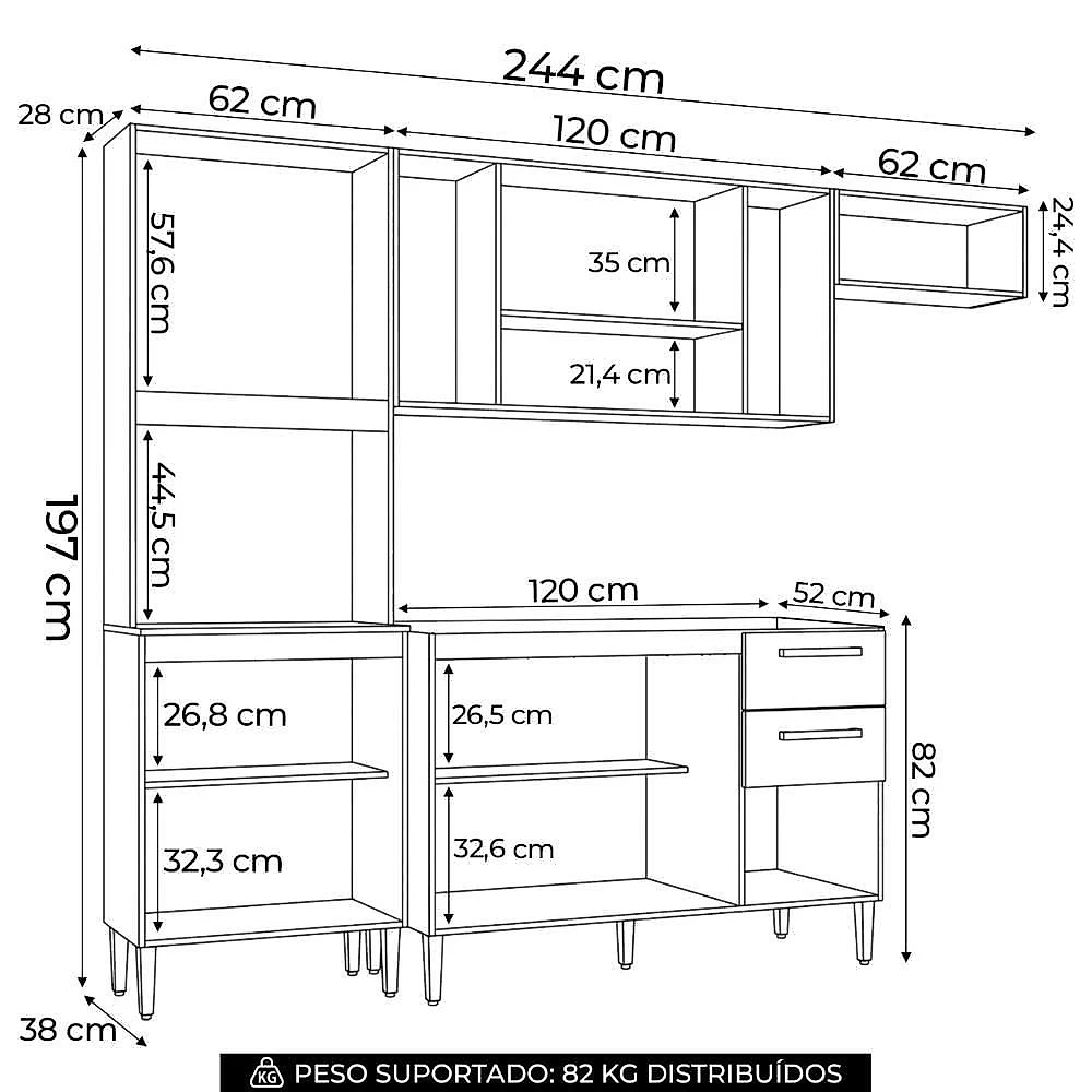 Armário de Cozinha Livy Z46 11 Portas 2 Gavetas MDF-MDP 244CM Mpozenato