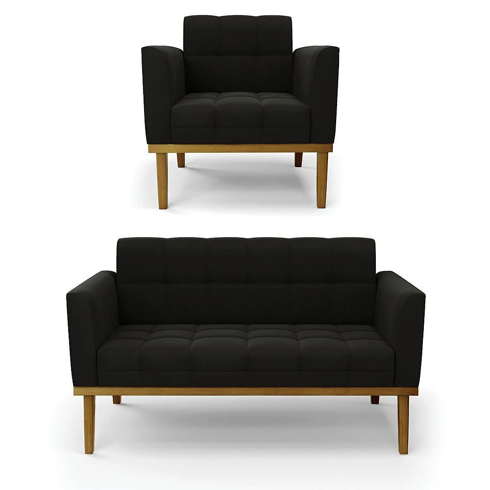 Namoradeira E Poltrona Base De Madeira Castanho Elisa Suede Preto D03 - D'rossi