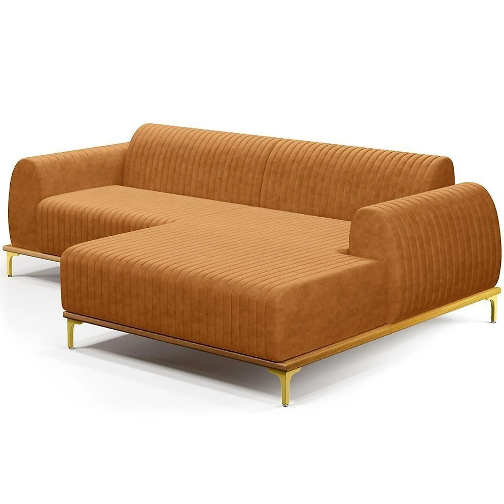 Miniatura Sofá 5 Lugares Chaise Direito Sala Molino 300cm D02 Pés D\'ouro Couríssimo Whisky B-90