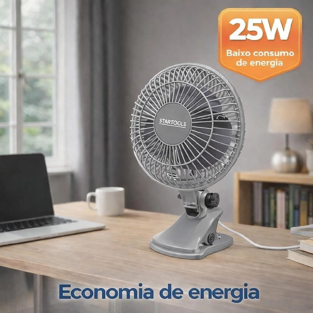 Ventilador de Mesa com Clip Yeet 25W 33cm 3 Pás 2 Velocidades Cinza Startools 220V