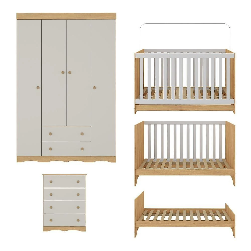 Quarto De Bebê Completo Com Berço Americano 3 Em 1 Realeza Multimóveis MP4587 Madeirado-off White