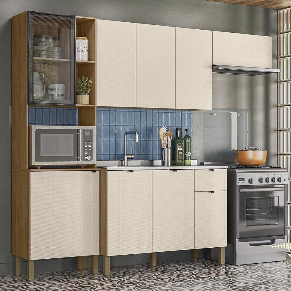 Armário De Cozinha Completa Com Balcão Para Pia Mdf 9 Portas Vert Plus Freijó Soft