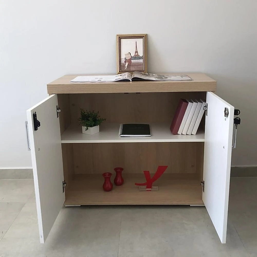 Kit 3 Peças com Mesa para Escritório Diretor em L, Armário Multiuso Baixo e Gaveteiro 3 Gavetas Conjunto para Escritório Executivo 3 peças Estação Diretoria Balcão 2 portas e Gaveteiro 3 Gavetas Carvalho/Branco