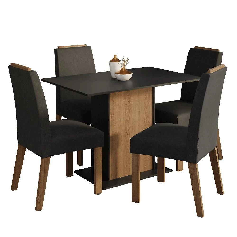 Conjunto sala de jantar tampo de madeira 4 cadeiras rustic/preto/oxford acácia madesa