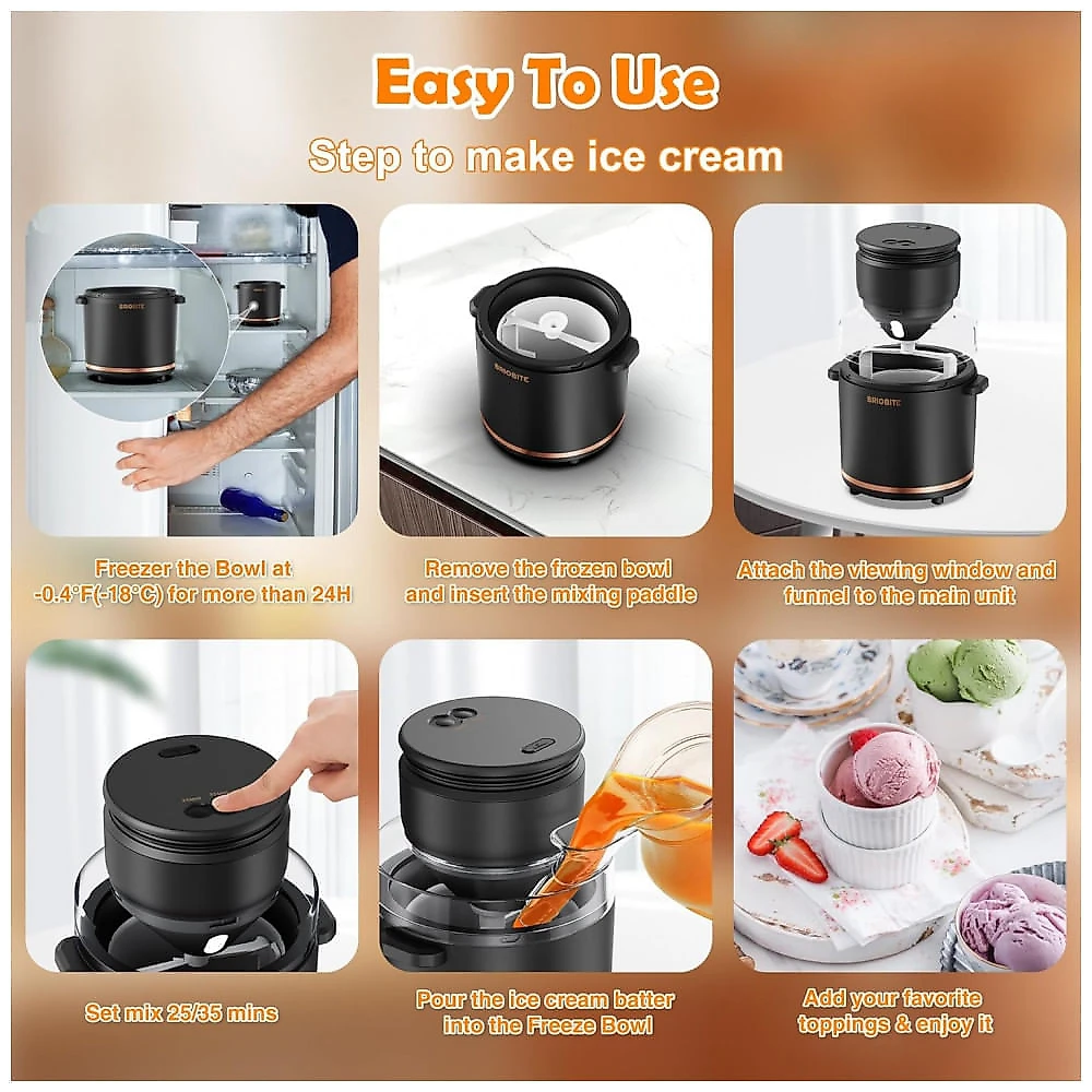 Máquina de Sorvete Elétrica de 1,04 Litros para Gelato, Milkshakes e Sorvetes, Perfeita para 23 Porções, Fácil de Usar e Limpar - Preto