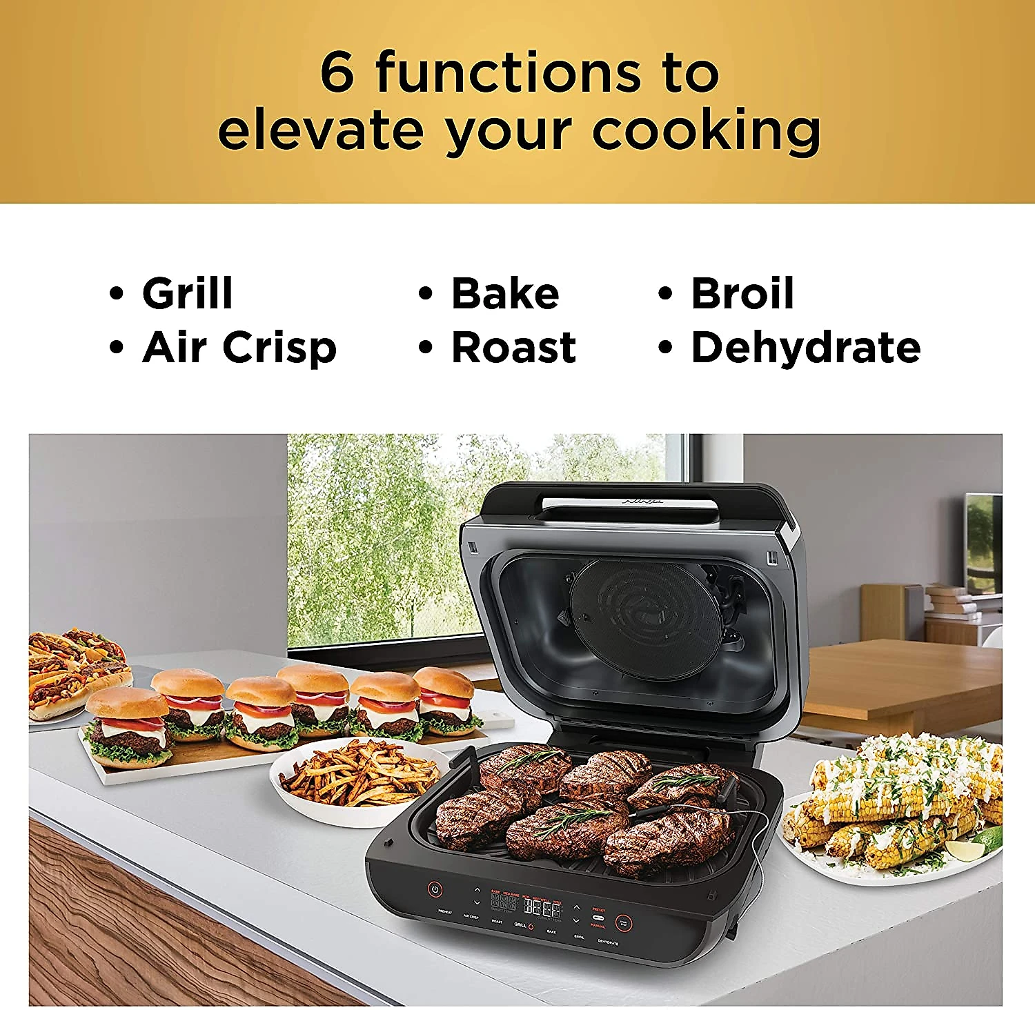 Ninja FG551 Foodi Smart XL 6 em 1 churrasqueira interna com 4 quart de fritadeira de ar para assar desidratar grelhar