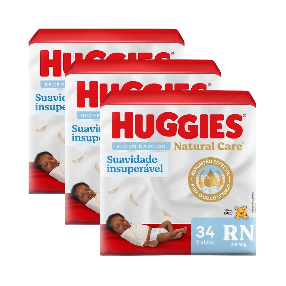Miniatura Kit 3 Fralda Premium Huggies Natural Care RN 34 Unidades