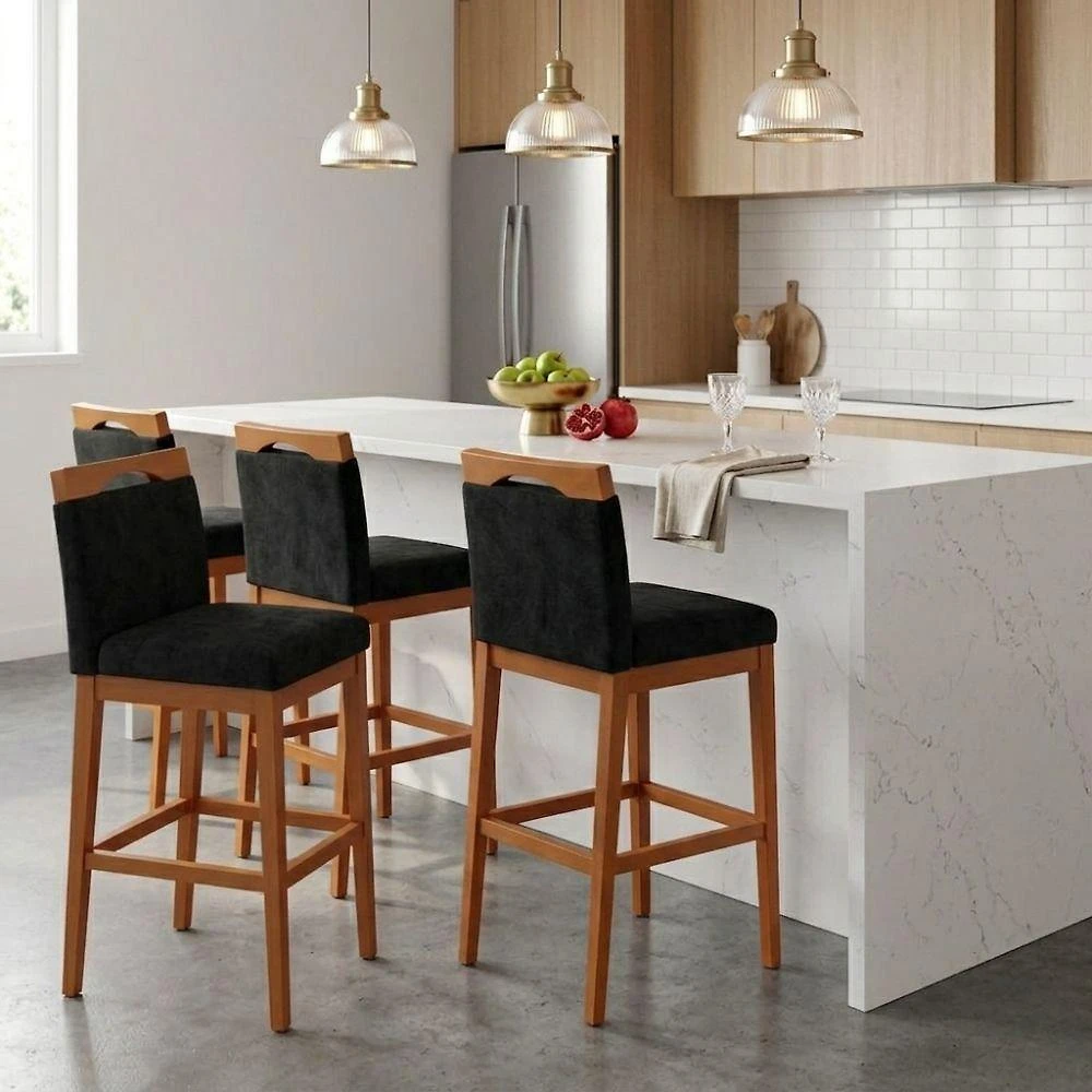 Kit 4 Banquetas Altas Cozinha Gourmet Conforto Suede Preto Madeira de Eucalipto 40cm Tatite Decor
