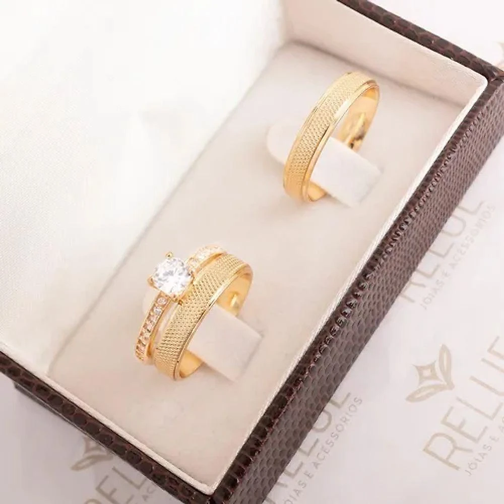 Par De Alianças 4mm Chanfrada E Recartilhada Banhada Ouro