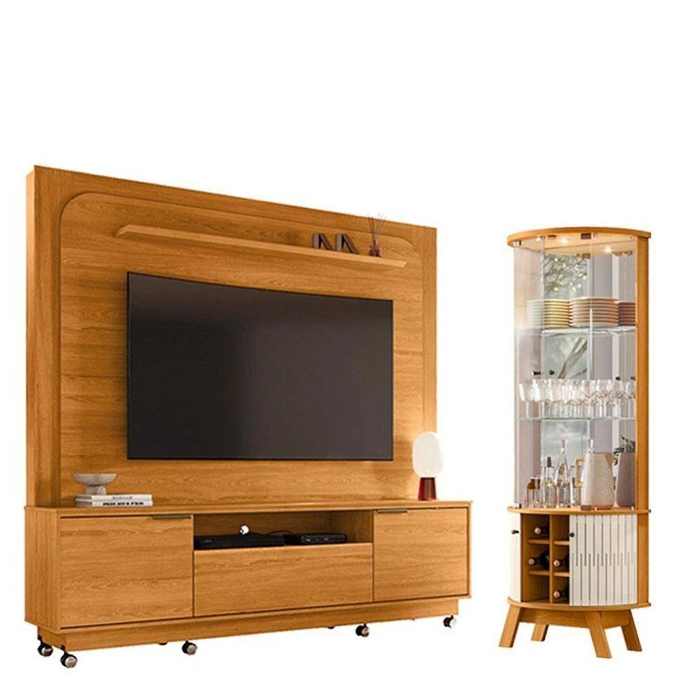 Estante Home Theater Nilo Com Rodízios Cinamomo Com Cristaleira Marina Cinamomo Off White - Madetec
