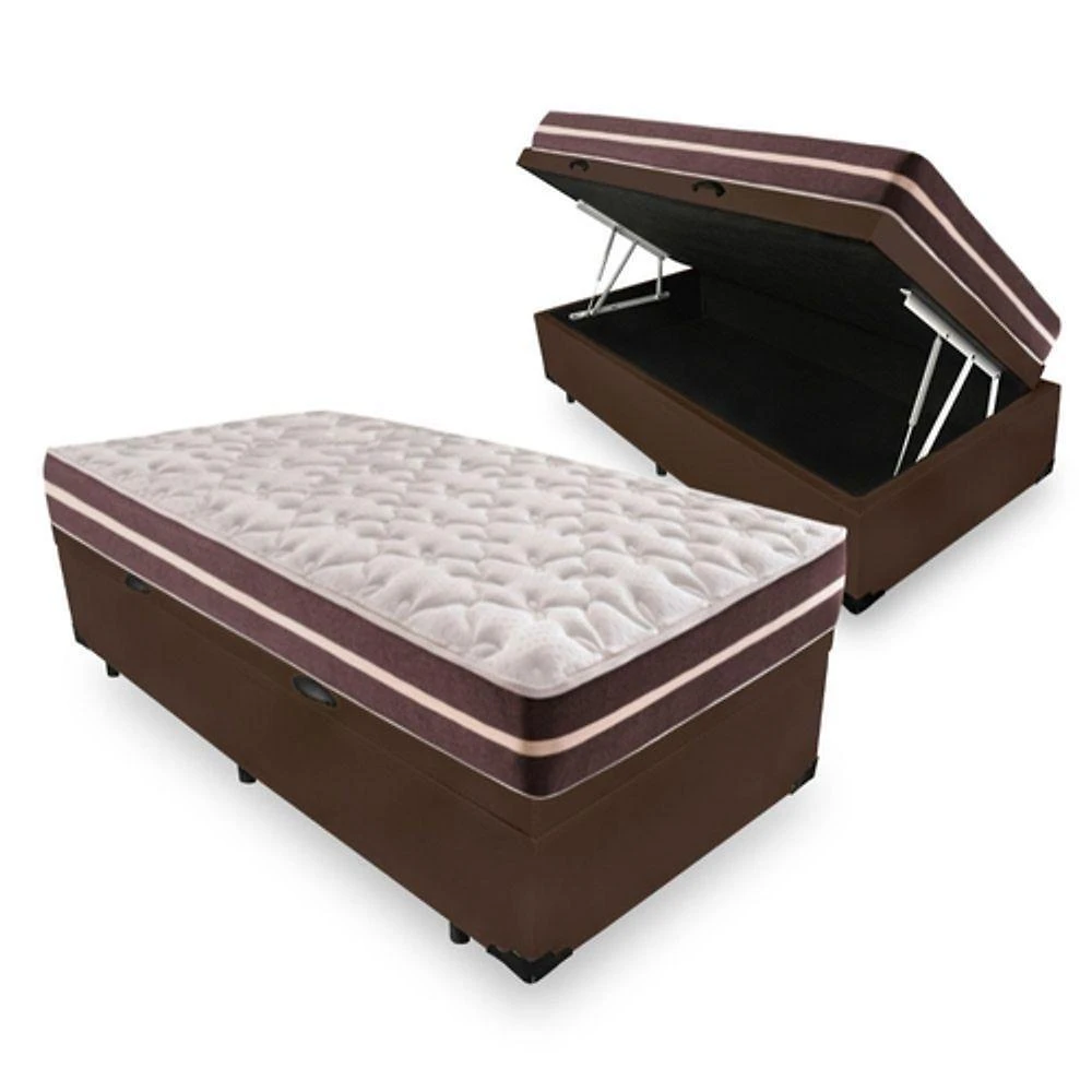 Cama Box Baú Solteiro 88 Tecido Sintético Marrom Com Colchão Little Angel - Bello Box - Mola Superlastic 62x88x188cm