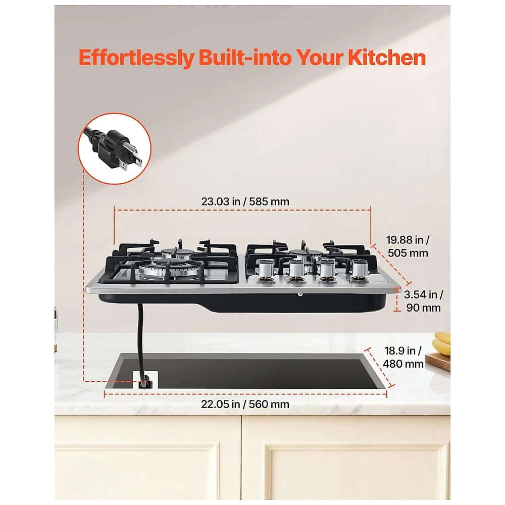 Cooktop a gás de embutir 58 cm VEVOR vidro temperado preto/inox 4 queimadores dupla alimentação GN/GLP proteção termopar 110V