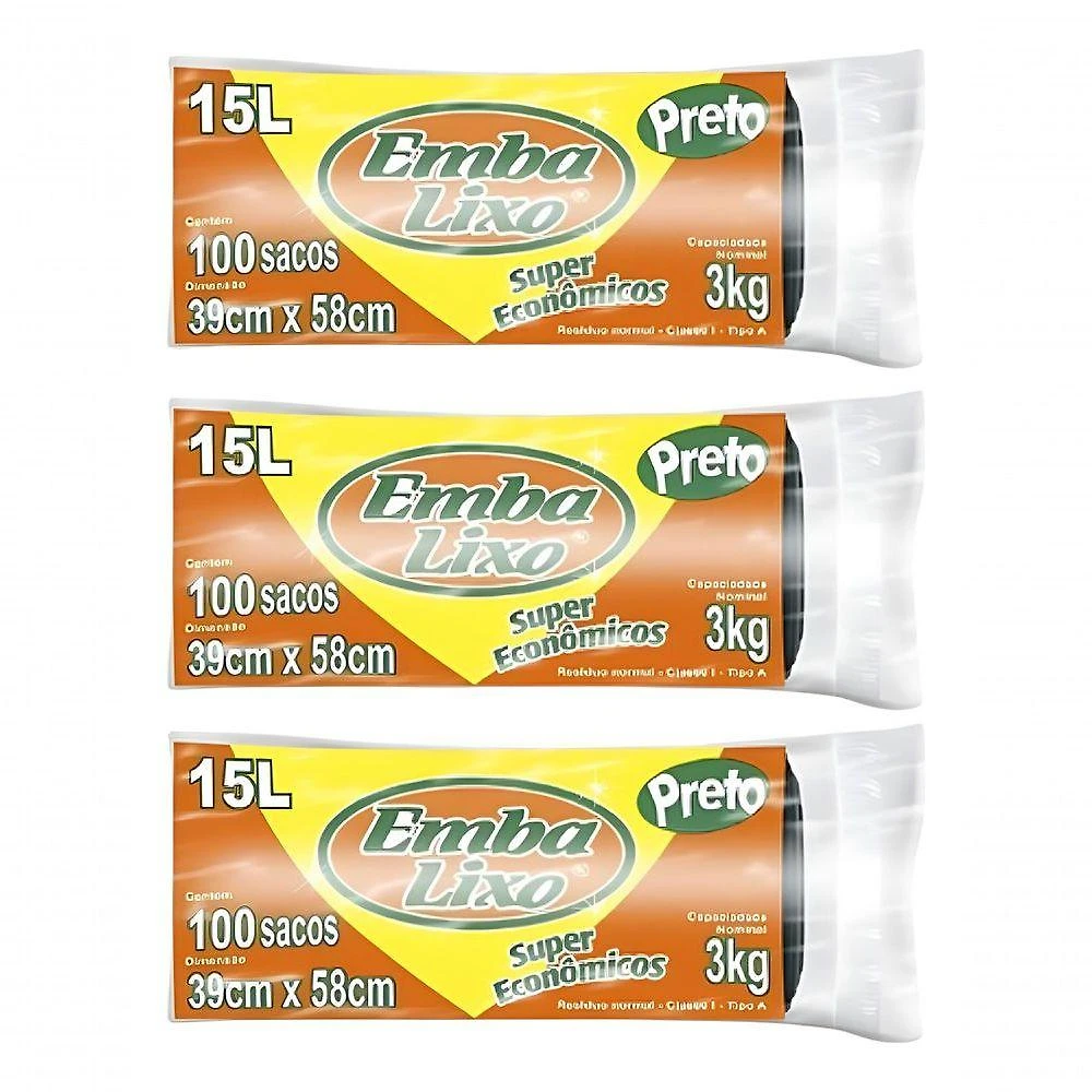 Saco para Lixo Super Econômico 15L Ecom Preto Kit 3 Pacotes com 100 Unidades Total 300 Sacos