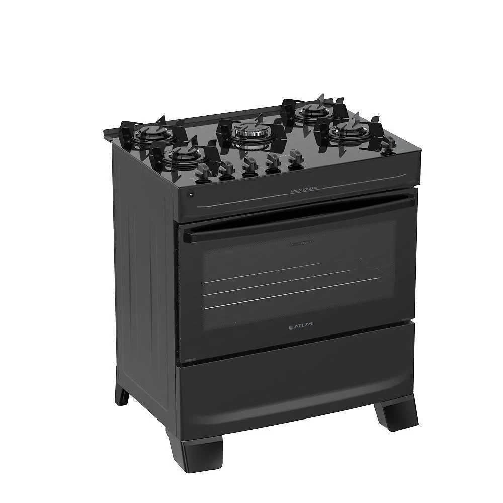 Fogão 5 Bocas Atlas Mônaco Top Glass Mesa De Vidro Bivolt Preto