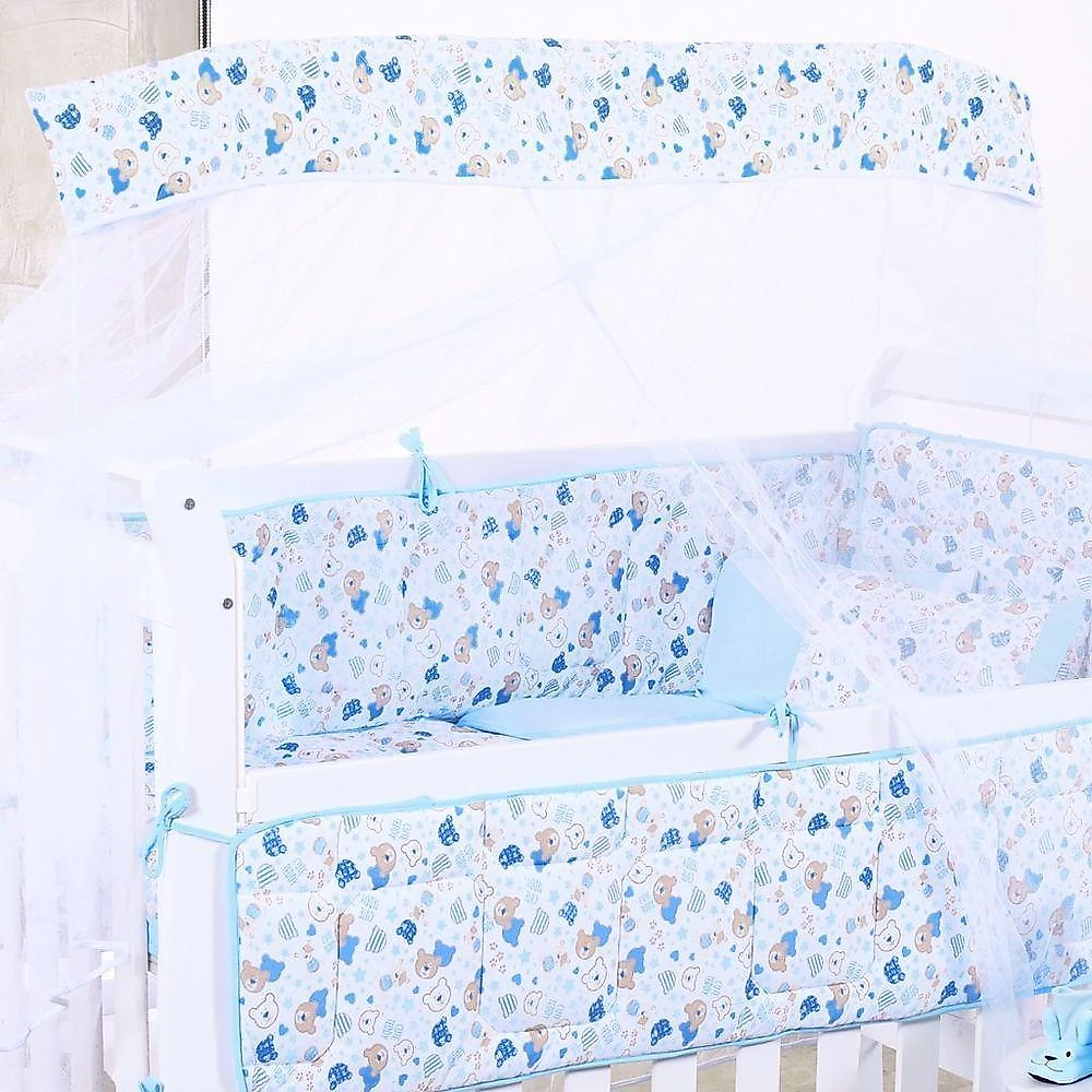 Kit Berço 8 Peças Baby Ursinho Azul Malha 100% Algodão Antialérgico Azul Bene Casa