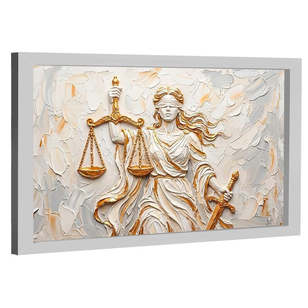 Quadro Decorativo Deusa da Justiça Espatulada Retangular em Madeira Nobre Reflorestada Branco BR