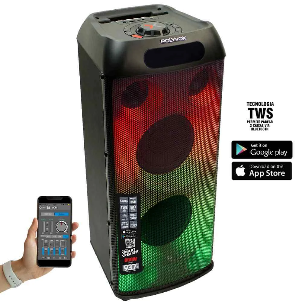 Caixa Som Amplificada Bluetooth Full LED Torre 800W TWS Polyvox