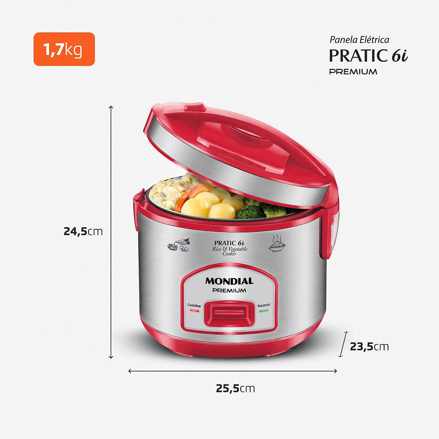 Panela Elétrica Mondial Pratic 6I PE-45-6X PANELA ELÉTRICA DE ARROZ-127V-VERMELHO/INOX