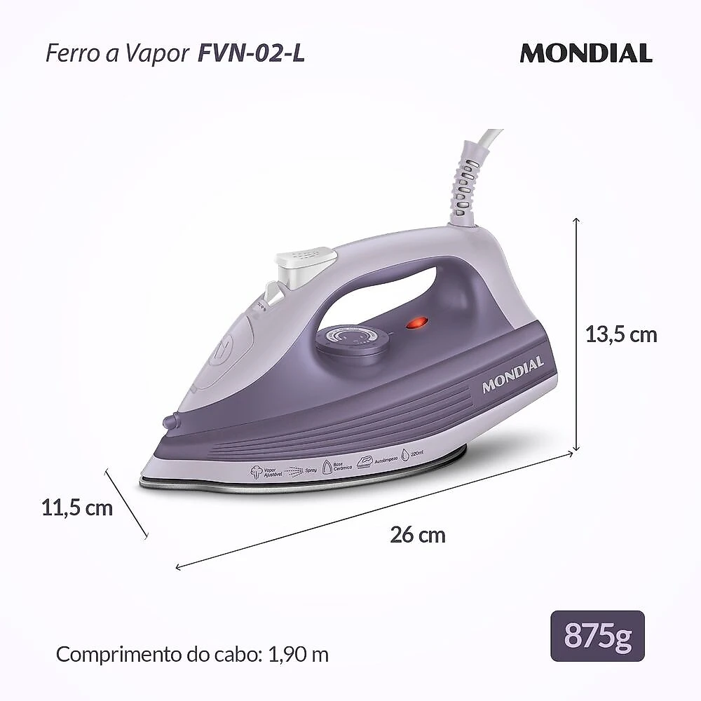 Ferro a Vapor Mondial Lilás 1800W- FVN-02-L 127V