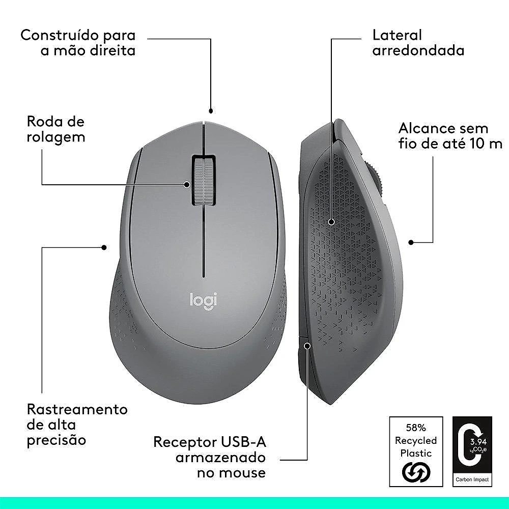 Mouse sem fio Logitech M280 com Conexão USB e Pilha Inclusa, Cinza - 910-004285