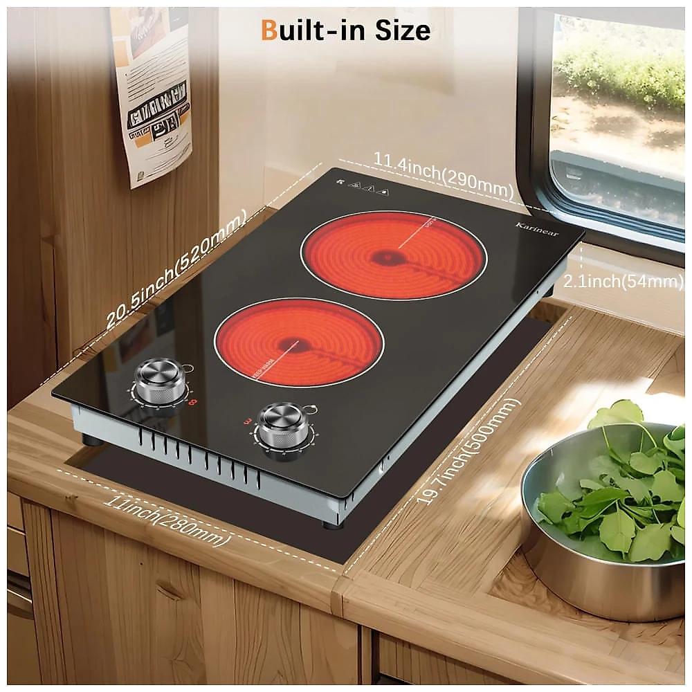 Cooktop Elétrico Karinear 110V 2 Bocas 30cm Controle por Botão Cooktop de Cerâmica Embutido, 9 Níveis de Aquecimento, Aviso de Calor, Proteção contra