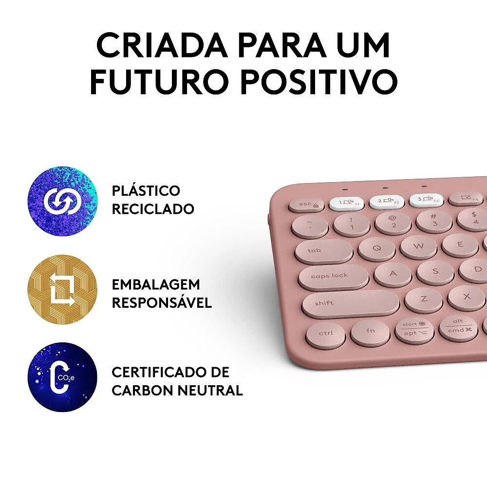 Teclado sem fio Logitech Pebble Keys 2 K380s - Rosa Teclado sem fio Logitech Pebble Keys 2 K380s com Conexão Bluetooth e USB Logi Bolt, Easy-Switch para até 3 dispositivos e Pilha Inclusa - Rosa