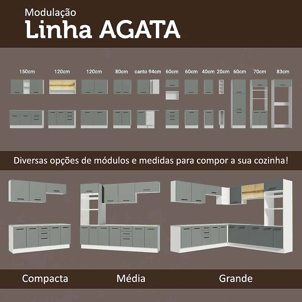 Cozinha Completa de Canto Madesa Agata 389001 com Armário e Balcão (Sem Tampo e Pia) - Branco/Cinza Branco/Cinza