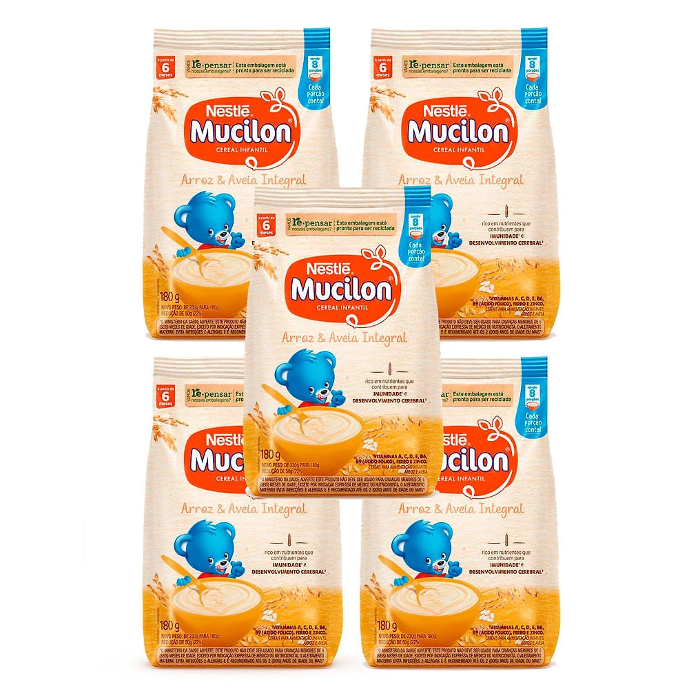 Kit 5 Mucilon Arroz e Aveia Integral Cereal Infantil Sachê 180g