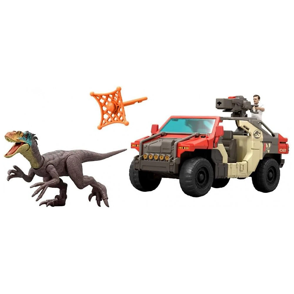 Caminhão Mattel Jurassic World Rebirth Launch ’N Battle com figura Martin Krebs e Velociraptor