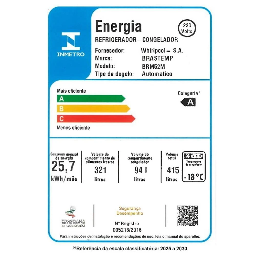 Geladeira Brastemp Frost Free Duplex BRM52MB, 415 Litros, Branco - 220V 220 Volts