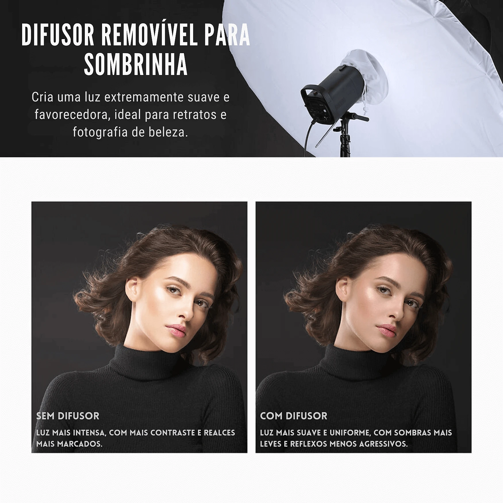 Sombrinha Parabólica Deep Preto Refletiva Prata 16 Varetas com Difusor Branco (85cm)