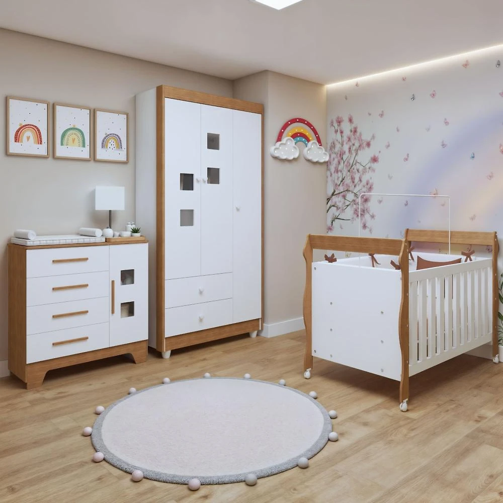Quarto de Bebê Completo com Cômoda, Berço com Colchão e Guarda Roupas Mila