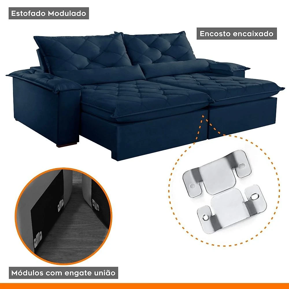 Sofá Retrátil e Reclinável 4 Lugares 220cm Diamond Super Pillow Montano Estofados Veludo Marinho