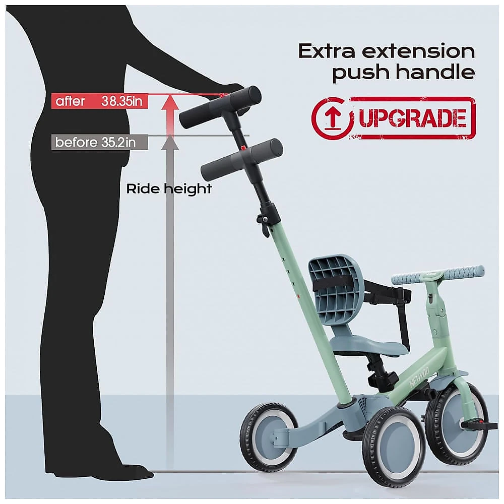 Triciclo Infantil 4 em 1 com Alça de Direção dos Pais e Pedais Removíveis para Crianças de 1 a 4 Anos, Newyoo TR007, Verd...