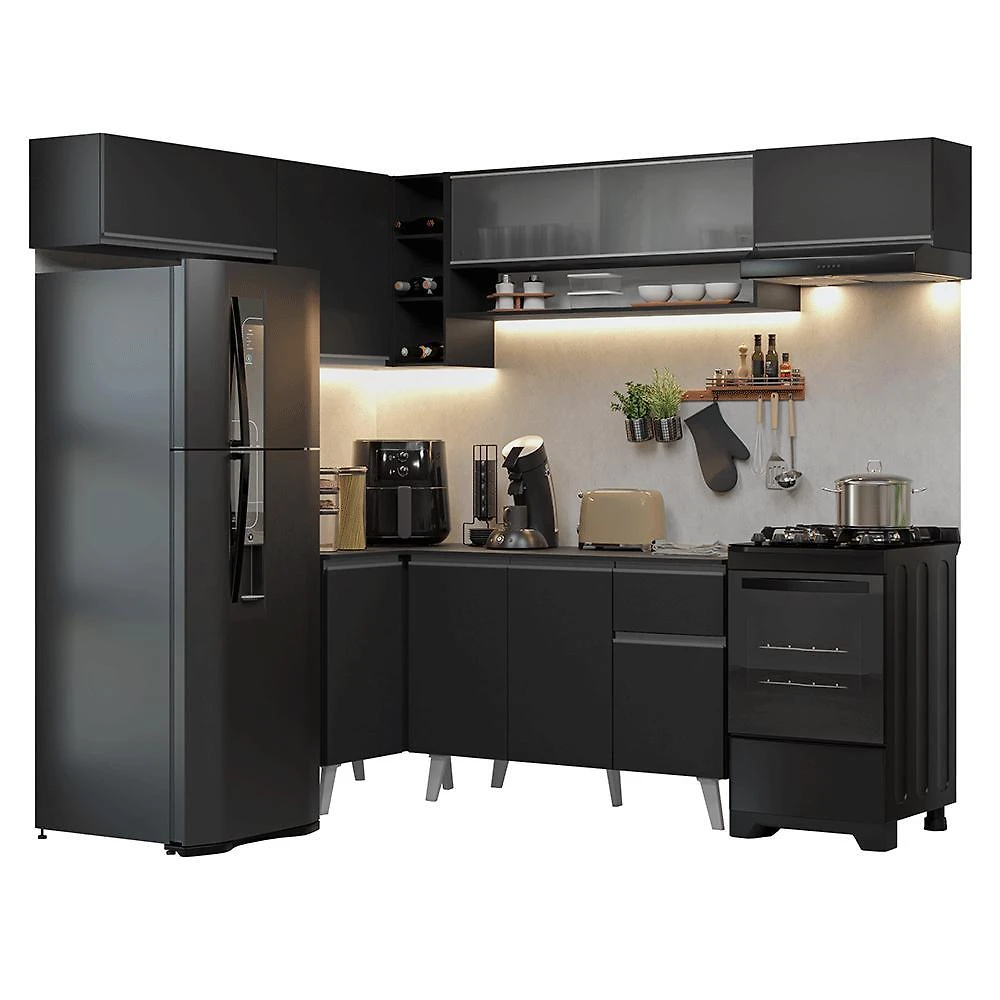 Armário de cozinha completa de canto 405 cm preto nice madesa 05