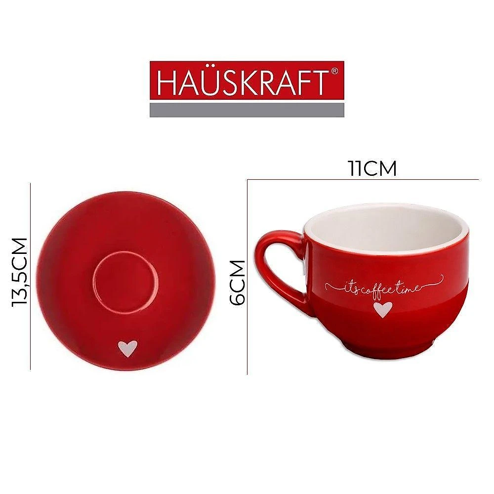 Jogo de Xícaras de Chá Cappuccino Lamour Porcelana 160ml com Pires Vermelho Hauskraft