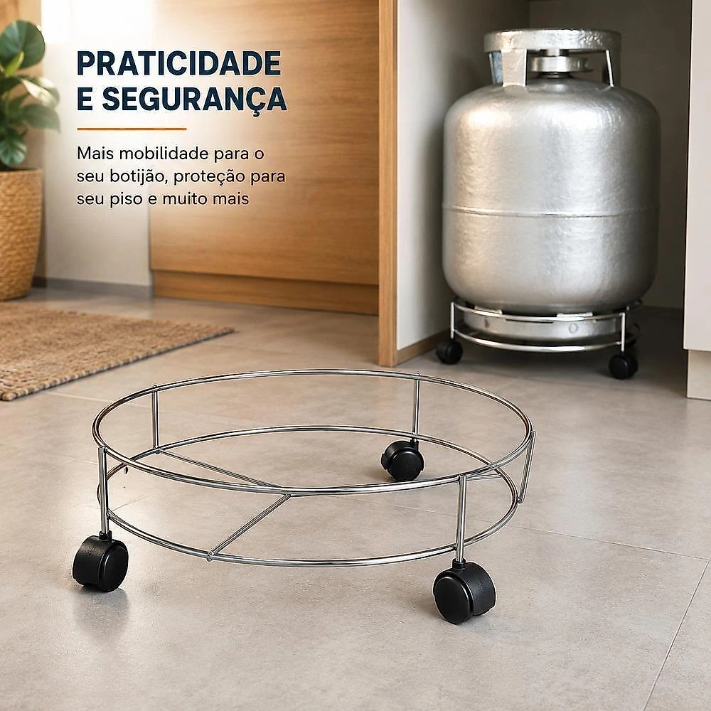 Suporte Multiuso com Rodízios para Botijão de Gás Galão de Água e Vaso de Planta em Aço Cromado