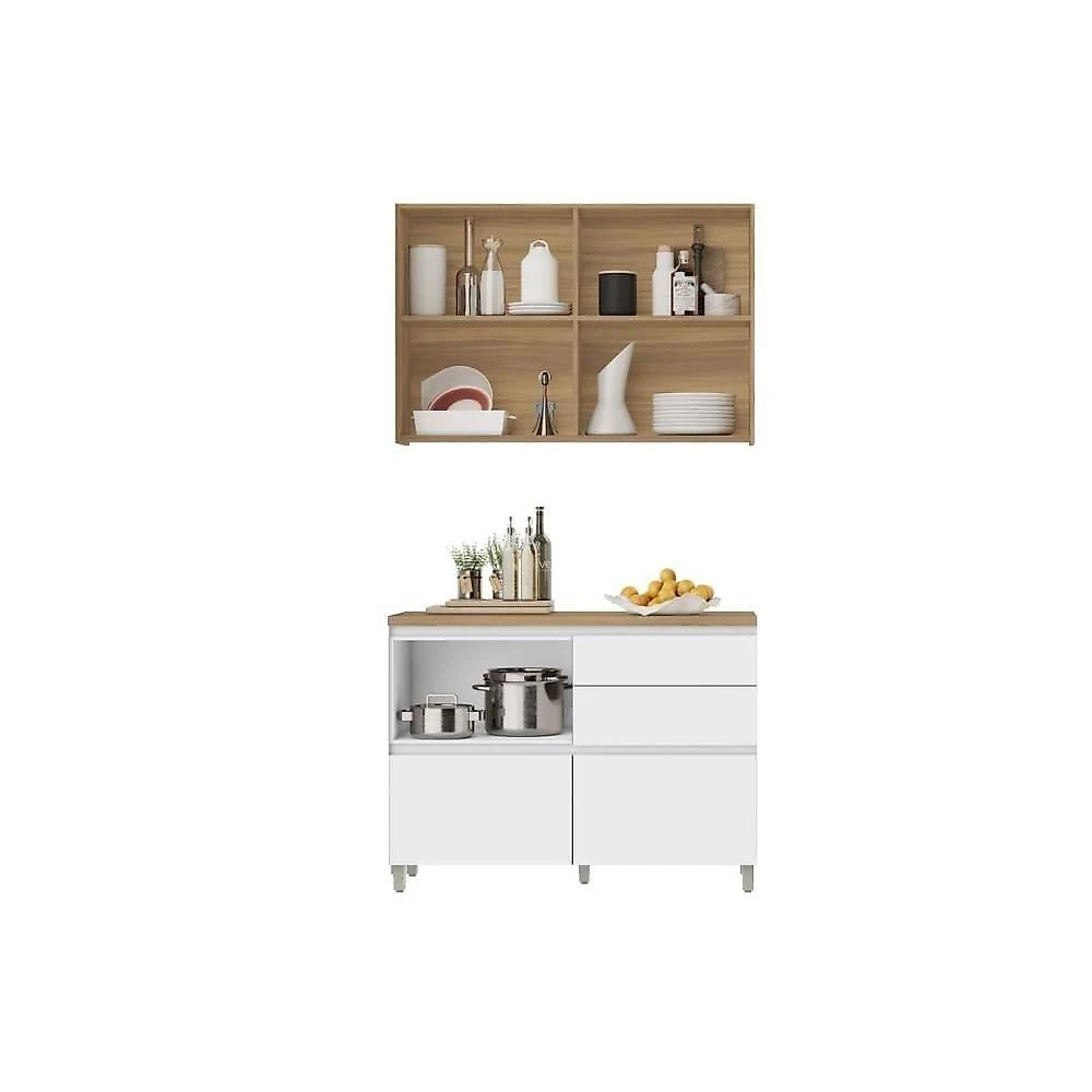 Kit Cozinha Rainha CZ430 3 Portas MDF Giratória Nature e Greige Nesher Móveis