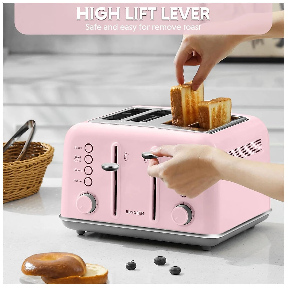 Torradeira BUYDEEM DT640 4 Pães, Inox Rosa, Slots Largos, Função Bagel e Muffin, Bandeja Removível, 7 Ajustes de Tostagem