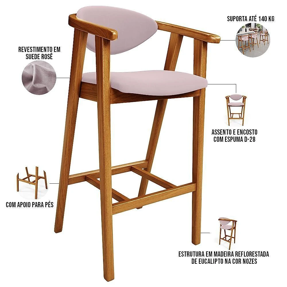Kit 06 Banquetas Alta Para Cozinha Bancada Bar Sala De Jantar Fixa Cecília L02 Suede Rosê - Lyam