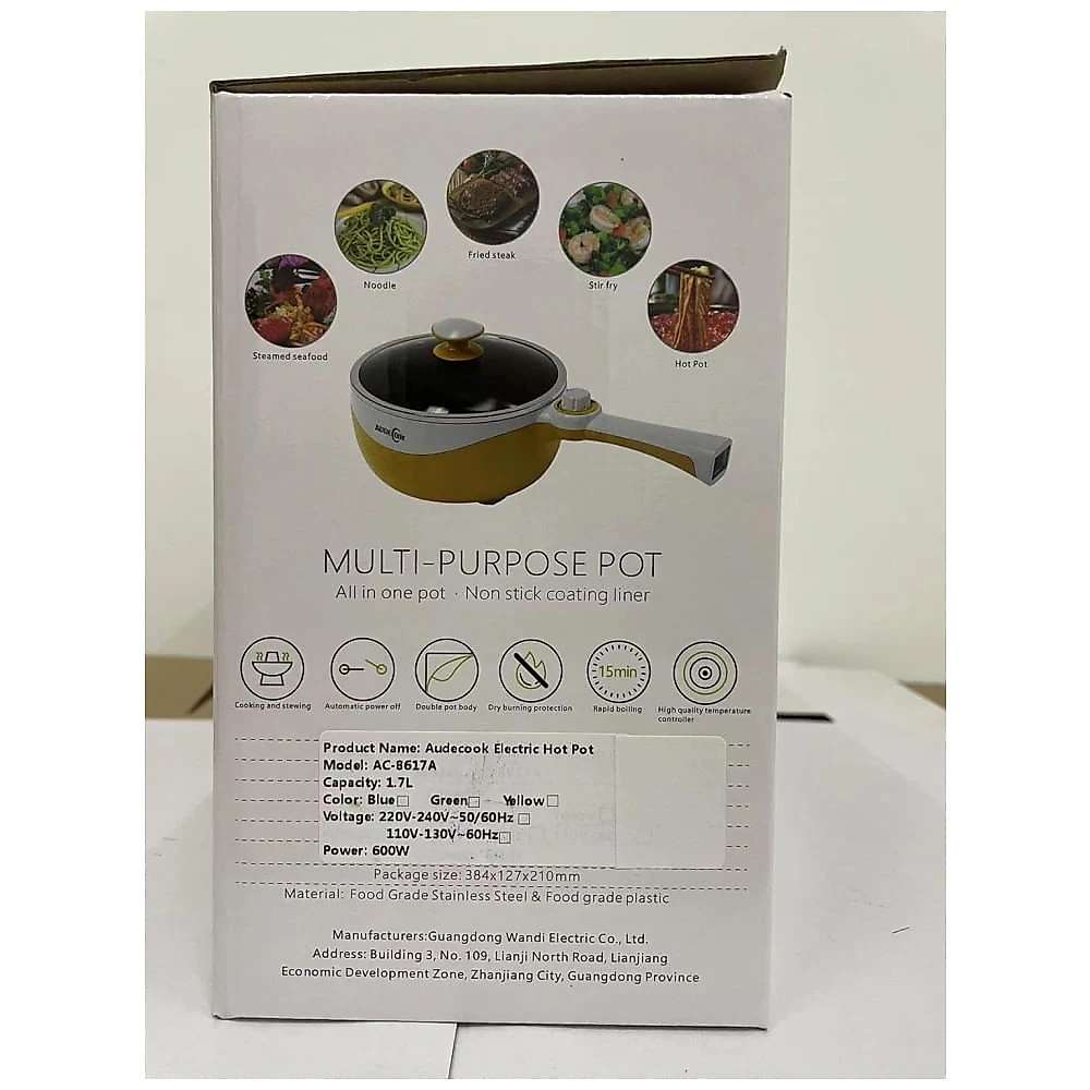 Panela Elétrica Mini Audecook Hot Pot - 1,7L, Portátil Antiaderente, Ajuste de Potência, Cozinheiro de Ramen para Viagens - Ideal para aventureiros